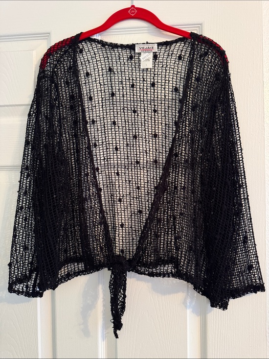 Veja Sweaters - Veja Sheer Black Open-Knit Tie-Front Shrug